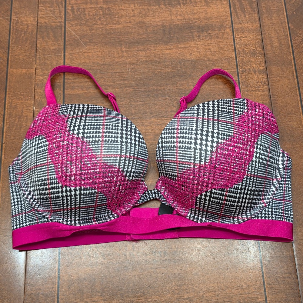 Victoria's Secret Bra Womens 34D Pink Plaid Very Sexy Push-Up Underwire Lace